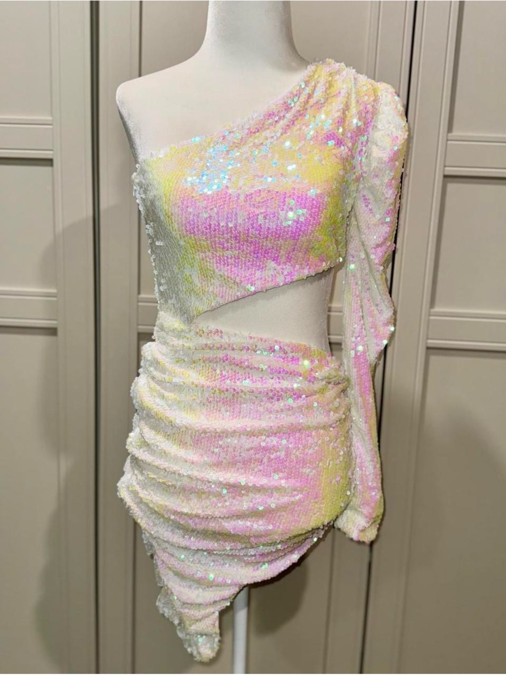 Fashion Nova Pastel White Sequin One-Shoulder Mini Dress